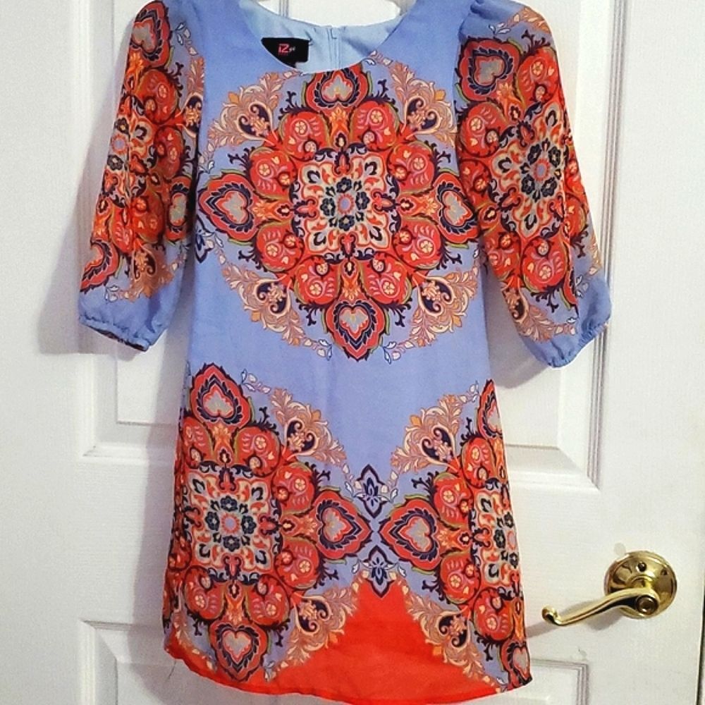 Iz Byer Bluish & Orange Boho Medallion Girls 7 Shift Mini Dress